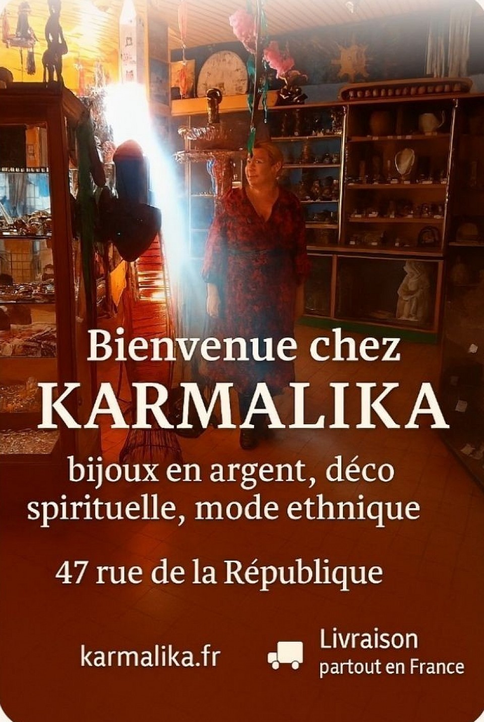 KARMALIKA — Bijoux, déco & esprit nomade   Un écrin d’argent et de sérénité au cœur de Creil.   Objets ethniques, ambiance spirituelle, et trésors venus d’ailleurs.   🌿 Livraison en France . karmalika.fr