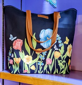 cabas floral coton noir cuir