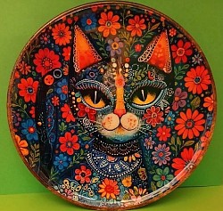 🐱 Plateau décoratif aux motifs chat, riche en couleurs et détails artistiques.    📏 Diamètre 22 cm — 18 €